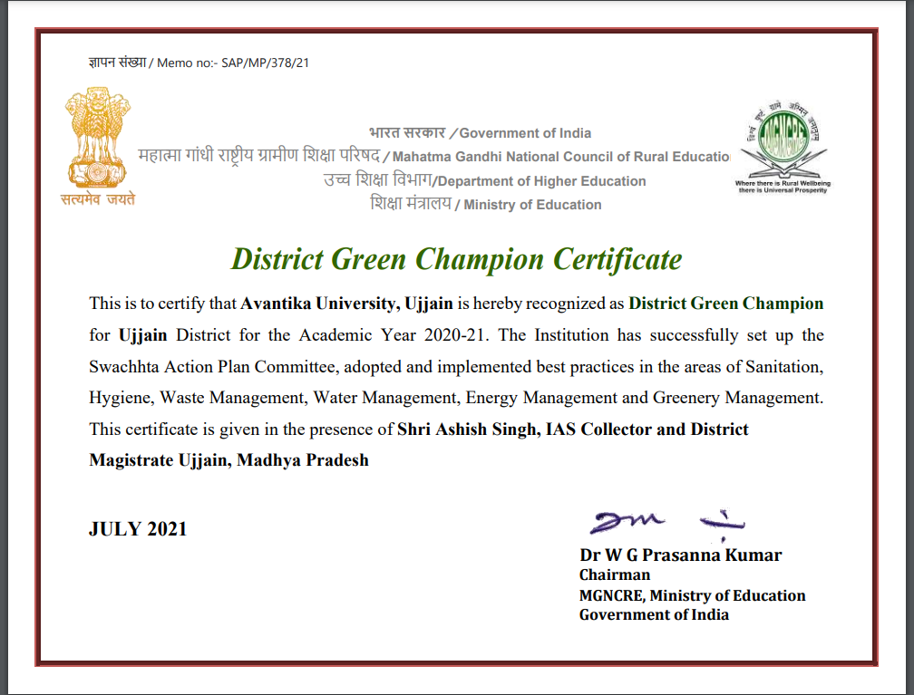 Avantika University Recognized As District Green Champion By Government Of India
